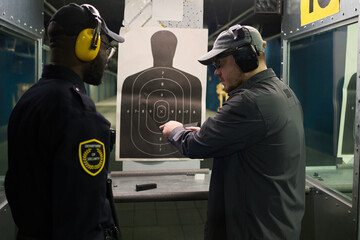 Law enforcement officer instructing a person at indoor shooting range showing proper shooting techniques and safety procedures. Target silhouette visible in background