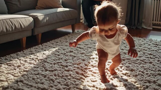 Cute baby girl taking her first steps on a soft carpet in the cozy living room, with her father proudly watching and providing support during this important milestone