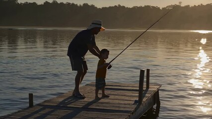 Father teaching his son how to fish on a wooden pier, creating a heartwarming scene of bonding and shared experience against a beautiful sunset backdrop