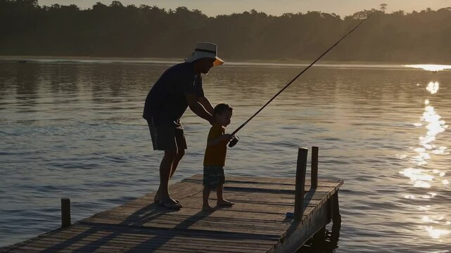 Father teaching his son how to fish on a wooden pier, creating a heartwarming scene of bonding and shared experience against a beautiful sunset backdrop