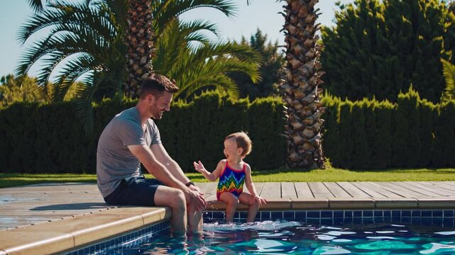 Father and his young daughter are sitting at the edge of a swimming pool, dangling their feet in the water and enjoying a playful moment together on a bright summer day