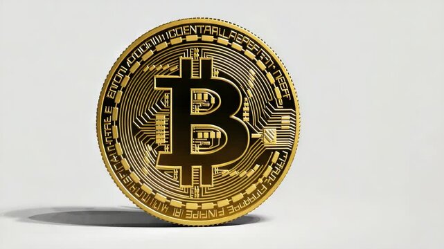 Close-up of a golden bitcoin token with the Bitcoin logo on it.