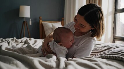 Happy mother lying on a cozy bed in a sunlit bedroom, lifting her baby joyfully into the air while playing together, fostering a loving and playful atmosphere filled with connection - Powered by Adobe