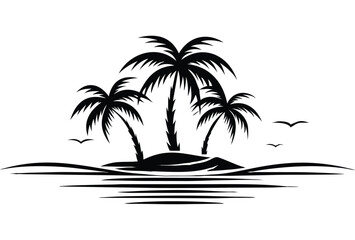 Black and white vector illustration of tropical island with palm trees