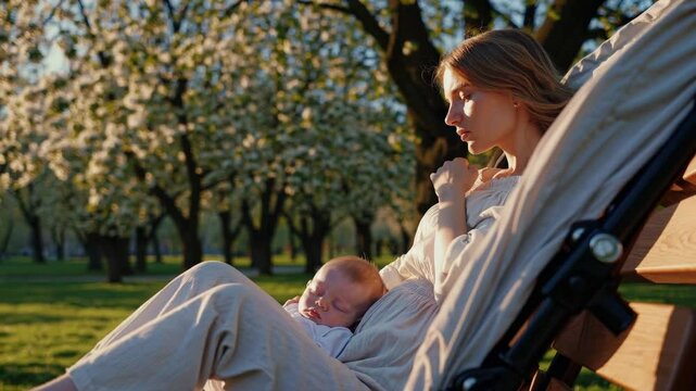 Serene young mother enjoys the peace of a spring park, cradling her sleeping newborn baby on a bench amidst blossoming trees, bathed in the warm glow of golden hour sunlight