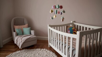 Cozy baby room interior featuring a white crib with a colorful mobile, a comfortable armchair with pastel pillows, and gentle natural light creating a peaceful atmosphere