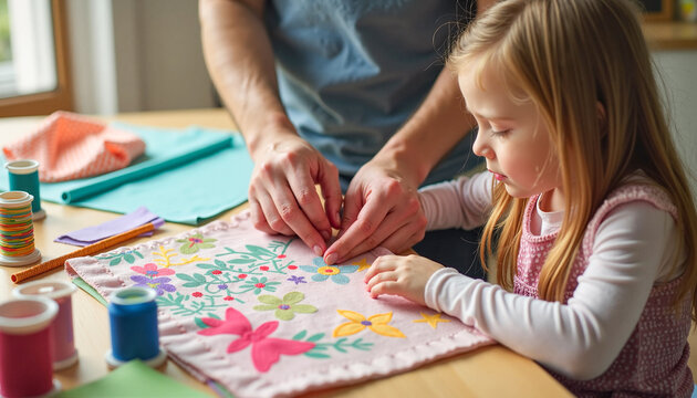 Father's hands guiding his young daughter in sewing colorful fabric for a school project, bright and cheerful workspace, Father's Day concept.