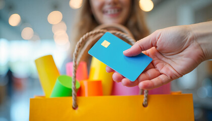 A close-up of a hand joyfully presenting a credit card to a vibrant shopping bag filled with colorful products, excitement of shopping.
