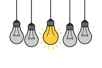 Naklejka premium Vector illustration of hanging light bulbs. One glowing yellow bulb symbolizes a bright idea, innovation, creativity, uniqueness, solution, leadership, and standing out from the crowd.