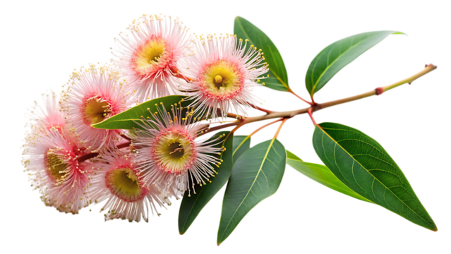 eucalyptus branch with flowers isolated on a white background, PNG.