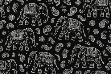 Elegant ethnic elephant and paisley seamless pattern vector. Hand-drawn Indian block print style background in monochrome black and white. Ornate traditional textile design illustration.