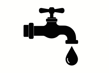 Simple black vector graphic icon of a dripping tap or faucet with a single water drop. Symbolizes water conservation, resource management, plumbing leaks, or household water use.