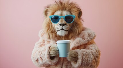 Stylish Lion Wearing Blue Sunglasses and Cozy Fur Coat Holding a Coffee Cup on Pink Background Representing Unique Fashion, Relaxation, and Creativity for Marketing and Design