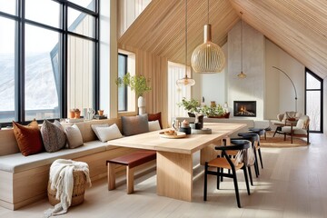 Scandinavian style dining and living area with natural tones and cozy decor