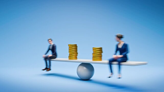 Equal pay concept: A man and a woman figurine in business attire sitting on a scale / seesaw with a different number of golden coins besides them. Camera spinning around them