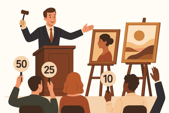 Flat vector graphic showing a dynamic art auction house scene where bidders compete for paintings presented by an auctioneer holding a gavel. Art collecting and sales concept.