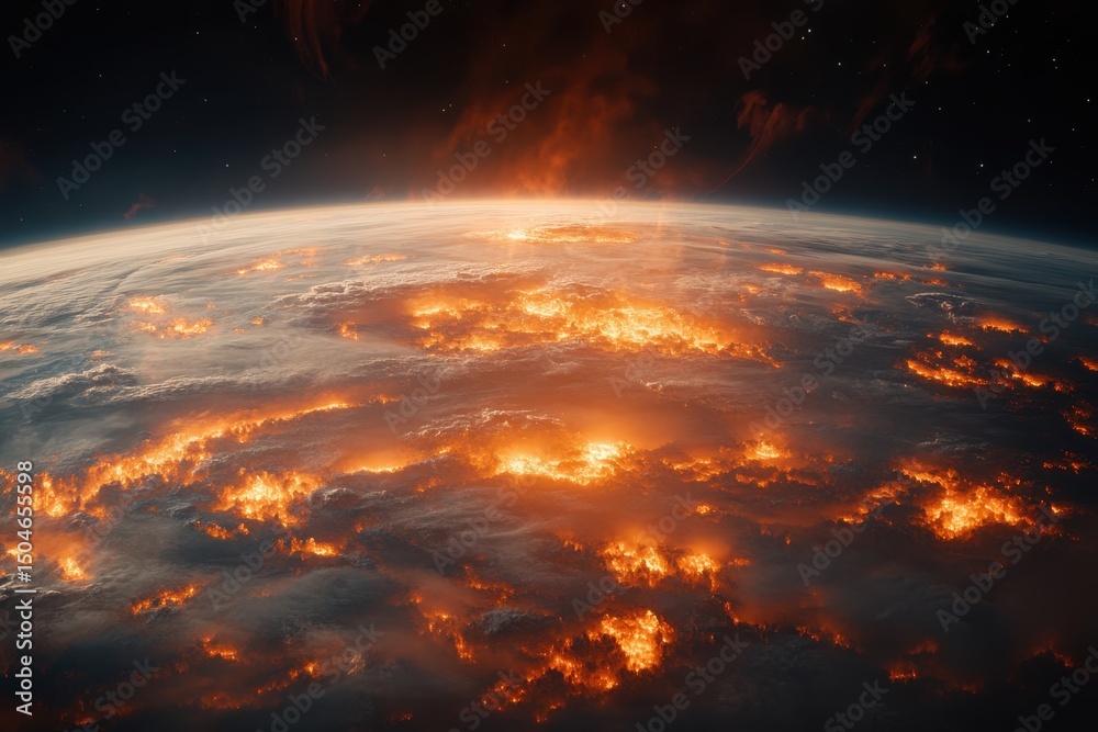 Poster luminous orange clouds glow over earth, depicting an otherworldly atmosphere from space during a cos