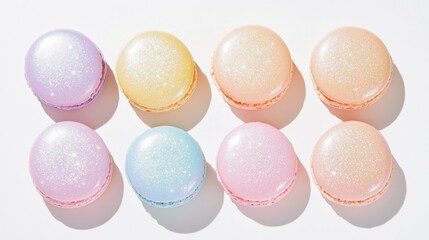 Fototapeta premium Eight macarons decorated with edible glitter in pastel