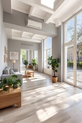 Modern spacious living area with large windows and natural light
