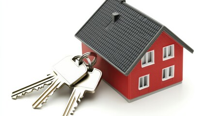 Miniature red house with house keys symbolizing real estate and property ownership