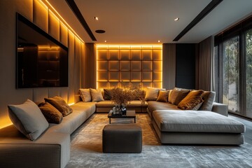 Modern living room with sleek design featuring ambient lighting and comfortable seating in an elegant space during evening hours