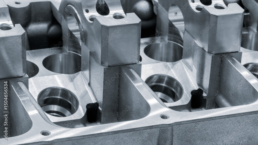 Poster close up of open metal cylinder block of car engine, auto service concept background