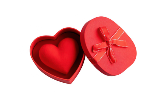 A small red gift box with a heart-shaped decoration and ribbon inside, png, transparent