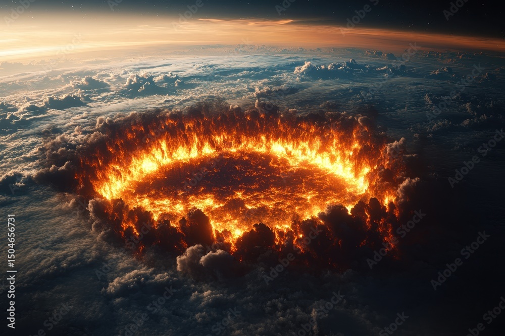 Poster luminous orange clouds glow over earth, depicting an otherworldly atmosphere from space during a cos