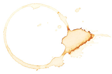 Coffee stain isolated on a white background, top view. Round stain isolated. Coffee and tea stain cup ring.