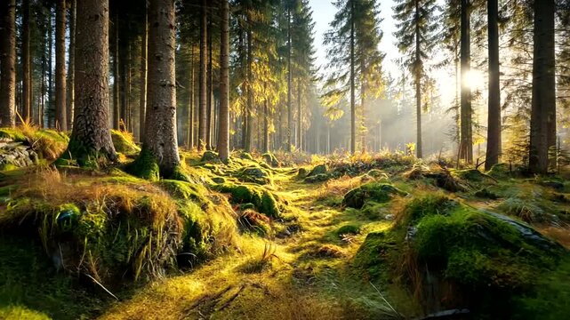 A lush, mossy forest floor basks in the golden light filtering through tall evergreen trees, creating a serene and enchanting atmosphere