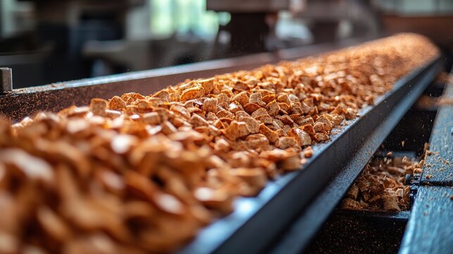 Industrial production line processing snack foods featuring crispy ingredients and conveyor belt dynamics