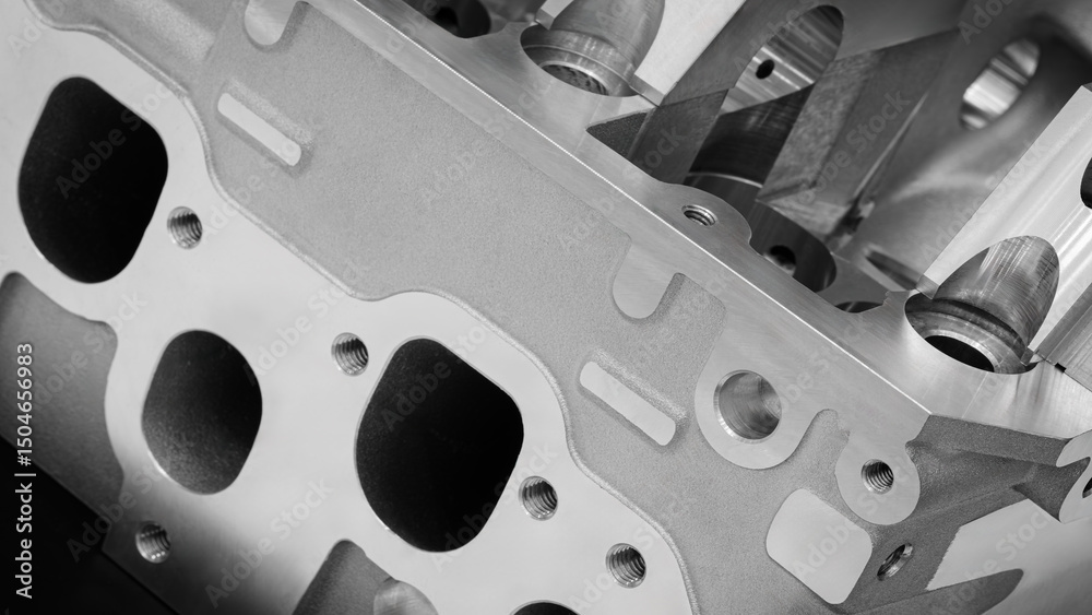 Poster close up of open metal cylinder block of car engine, auto service concept background