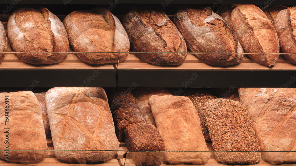 Poster A variety of breads are displayed on shelves in a bakery. The breads are of different shapes and sizes, and they are arranged in a way that makes them easy to see and access