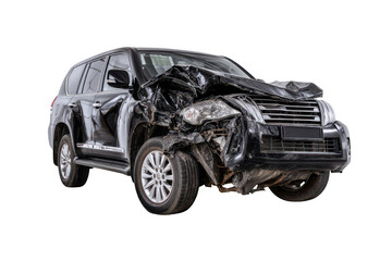 Black SUV vehicle with the front end torn off in an accident, isolated on a white background, png, transparent