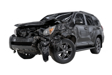 Black SUV vehicle with the front end torn off in an accident, isolated on a white background, png, transparent