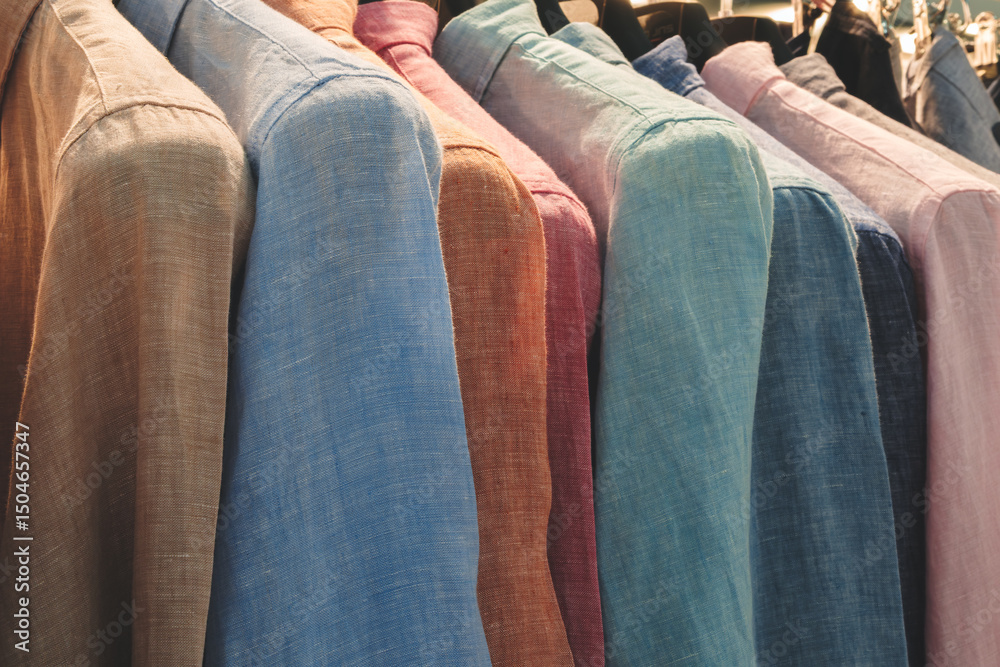 Poster a row of shirts hanging on a rack, each with a different color. the shirts are all made of the same 