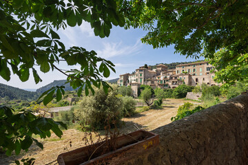 Valldemossa framed by chestnut tree leaves growing on a stone wall in mallorca