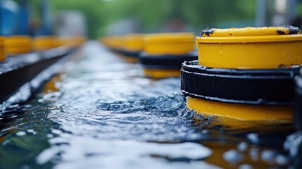 Vibrant yellow buoys on water surface with rippling waves
