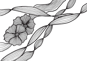 Card or poster with two large hand-drawn flowers and several leaves arranged diagonally. Elegant botanical illustration with detailed linear texture, ideal for decorative or natural-themed designs