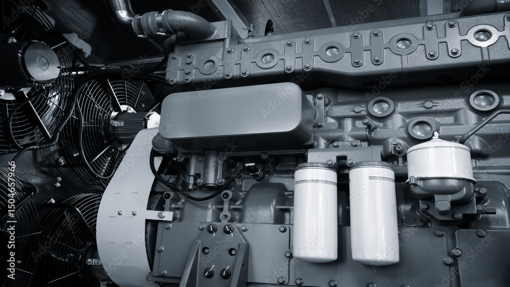 Aufkleber A large engine with many parts is shown in a factory. The engine is made of metal and has a lot of pipes and valves. Concept of industrialization and the complexity of machinery