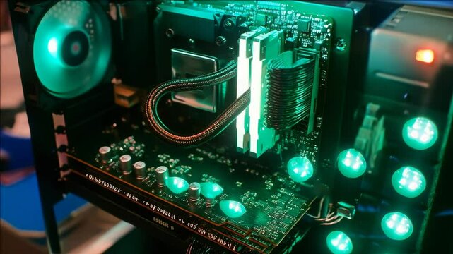 A computer motherboard with multiple green light-emitting diodes.