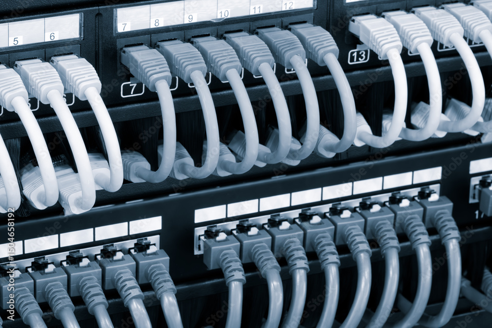 Poster a row of cablesare connected to a black box. internet and communications concept
