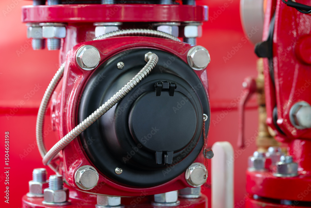 Poster a red valve with a black cover is shown. the valve is made of metal and has a shiny surface. part of