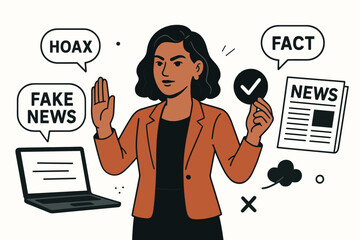 Media literacy concept: Woman separating fake news and online hoaxes from verified facts and trustworthy news sources, vector illustration promoting critical thinking and truth.
