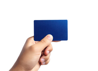 Hand holding a blue credit card on a white background, png, transparent