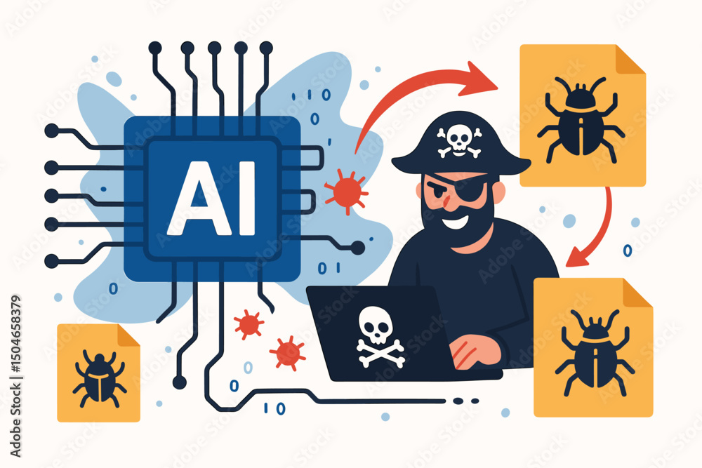 Aufkleber flat vector illustration of a pirate hacker launching a cyber attack with malware bugs and viruses a