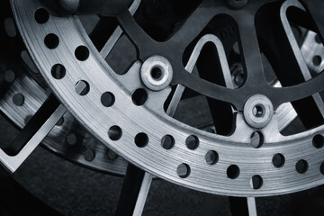 Close-up of brake discs on a modern motorcycle