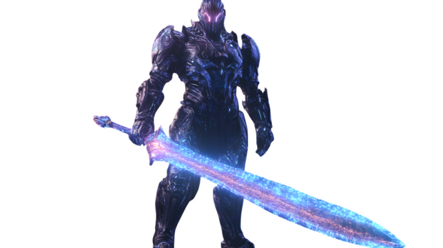 NFT fantasy warrior, glowing magical sword, cyberpunk armor, isolated on transparent background