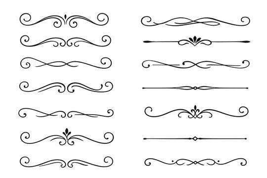 Vector illustration set featuring elegant text dividers, vintage separators, and ornate line rules. Classic calligraphic flourishes and decorative ornaments for invitations, menus, and web pages.