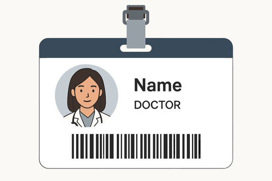 Doctor identification card vector icon. Flat design female medical professional ID badge template with photo placeholder, barcode, and attachment clip for hospital or clinic use.